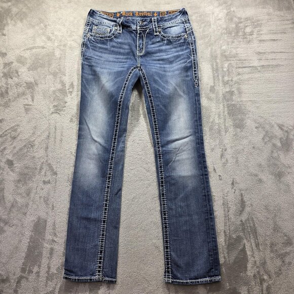 Rock Revival Jeans Womens 29 Blue Bluebell Easy Straight Rhinestone Trim Denim - Picture 1 of 13